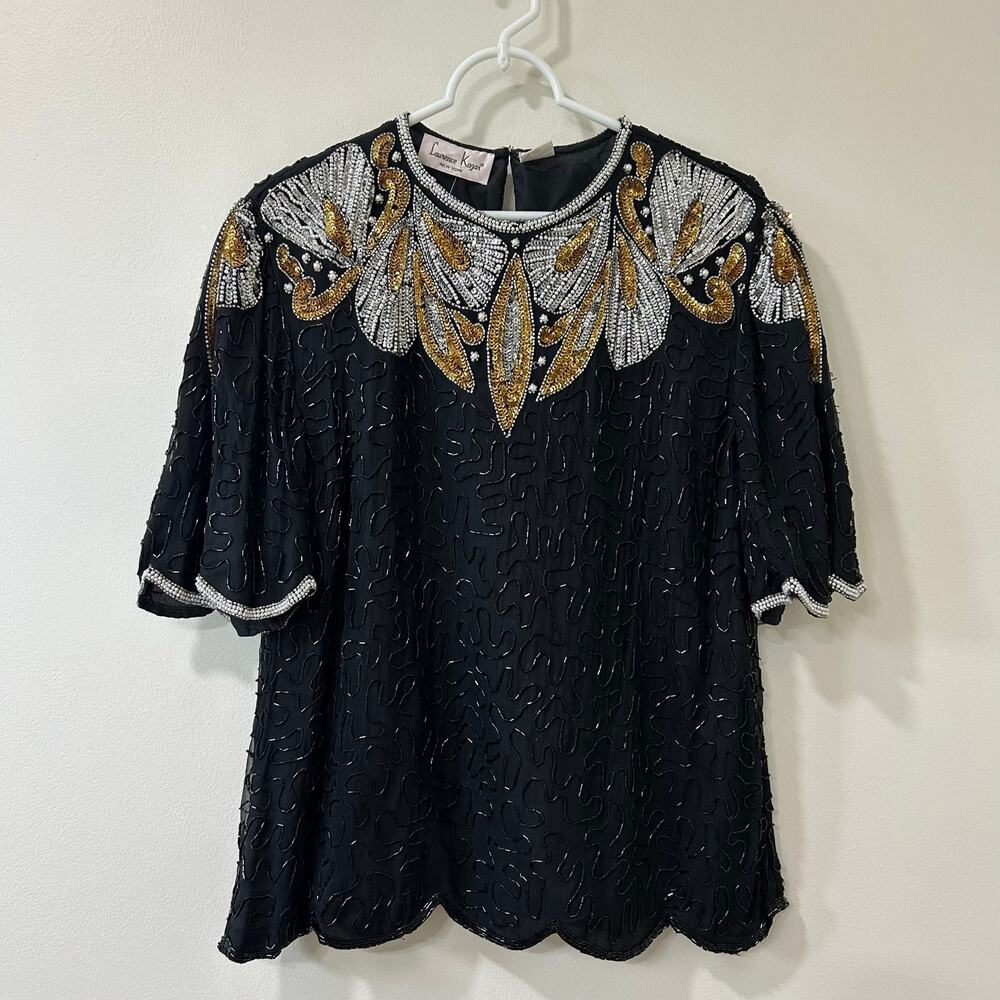 Laurence Kazar NWT Women XL 100% Silk Black Short Sleeve Beaded Top Pearl Gold